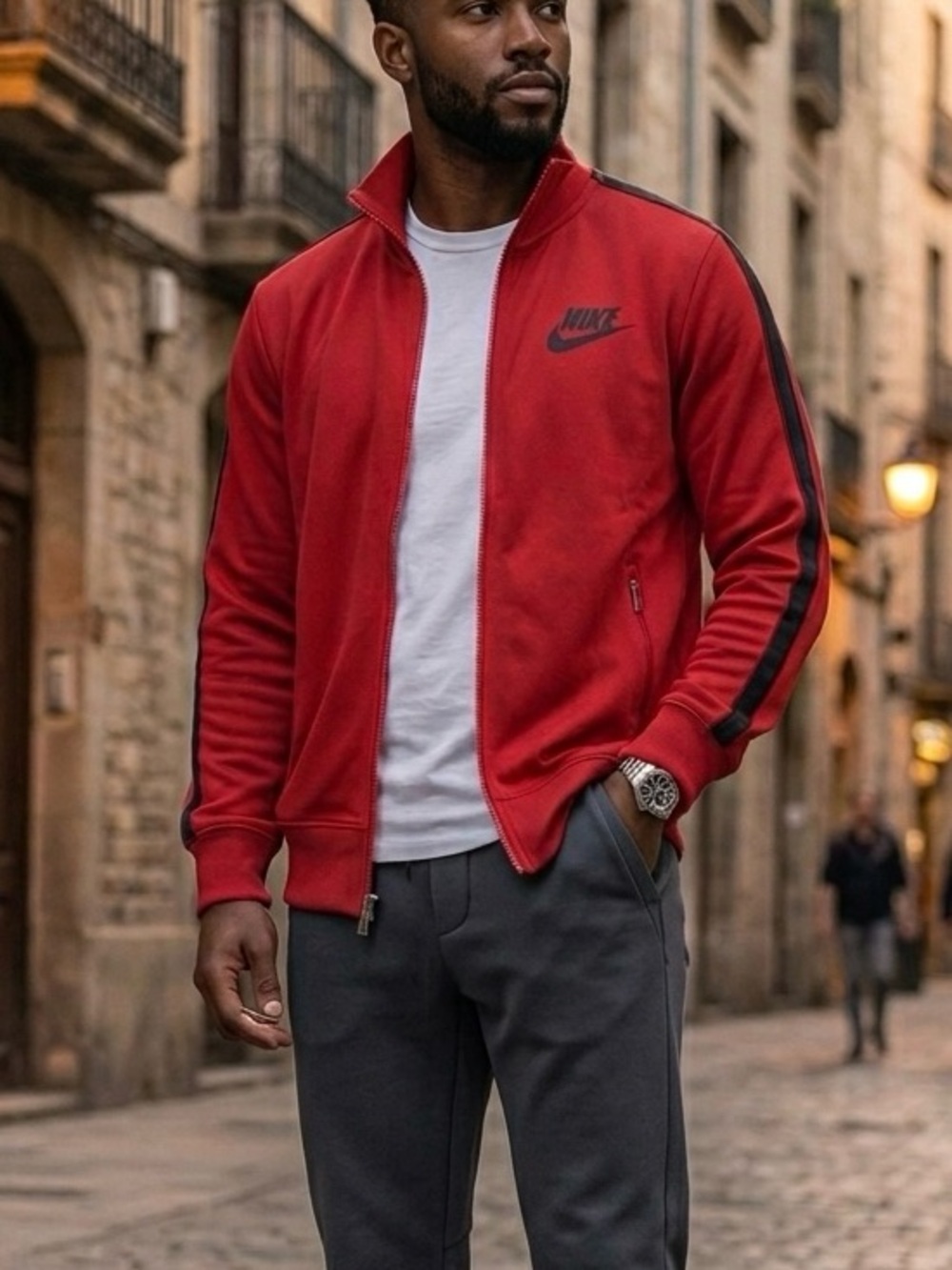 Nike Red Track Jacket with Black Sleeve Stripe